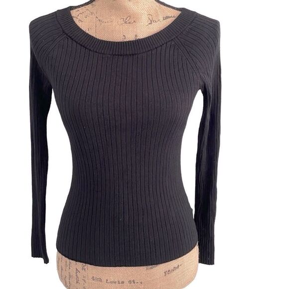 Express Stretch Black Ribbed Round Neck Sweater Top - Small Petite - Picture 1 of 5
